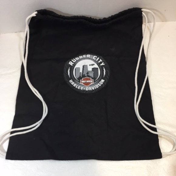 Harley-Davidson Rubber City Lightweight Black Cotton Drawstring Backpack 13.5x18 - Picture 1 of 5